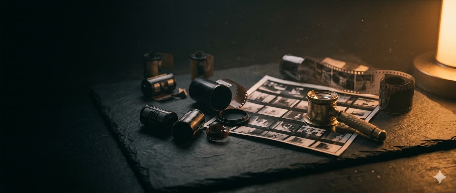 Film canisters, negatives, and a brass loupe on a contact sheet beside a darkroom lamp