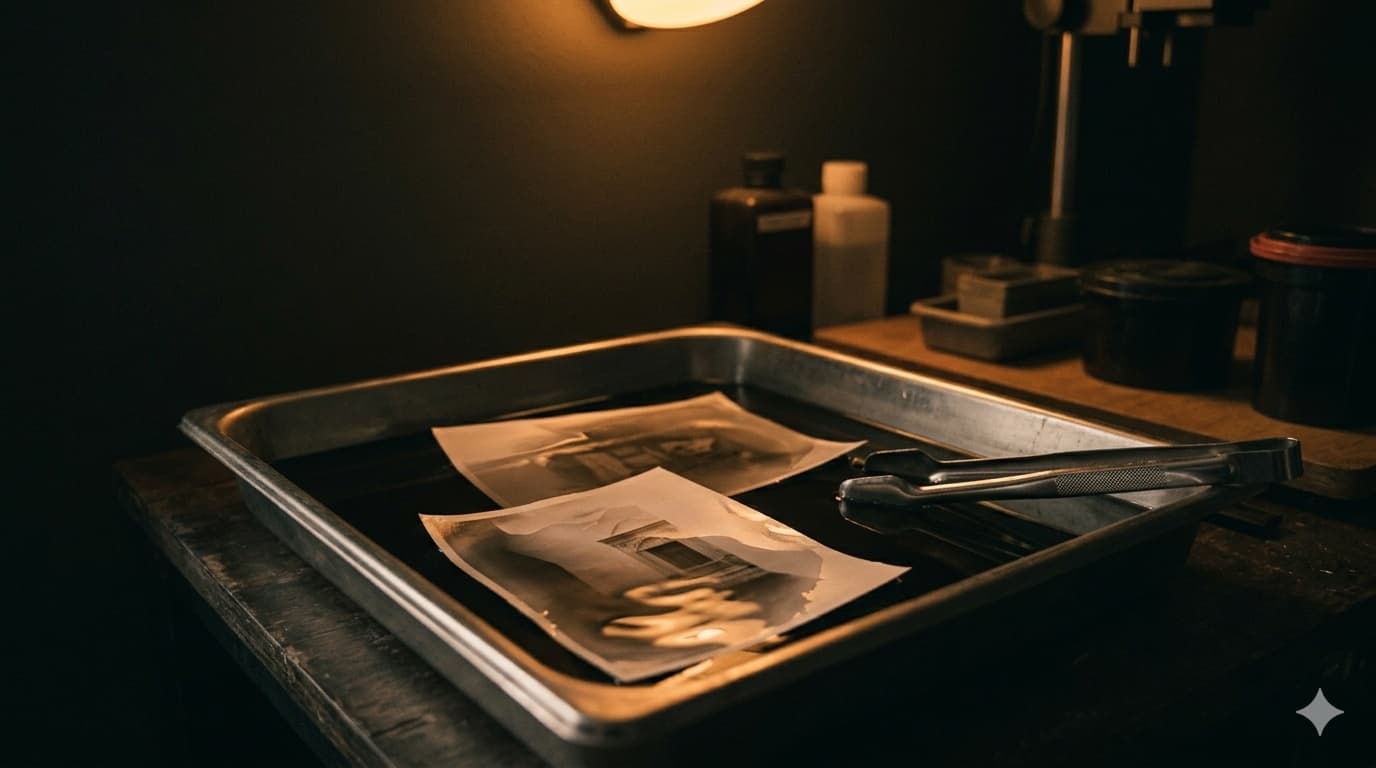 Prints developing in a darkroom tray under an amber safelight